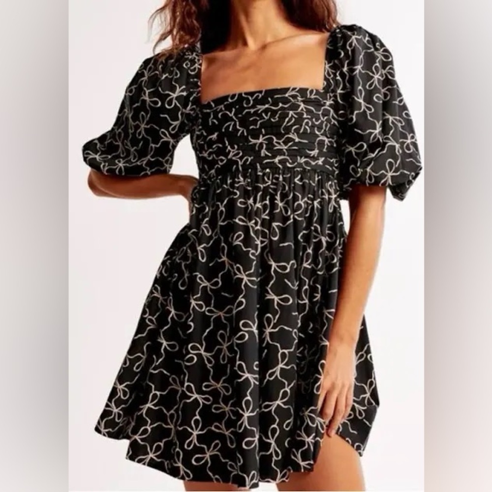 Abercrombie & Fitch Black Mini Dress with Cream Bow Print